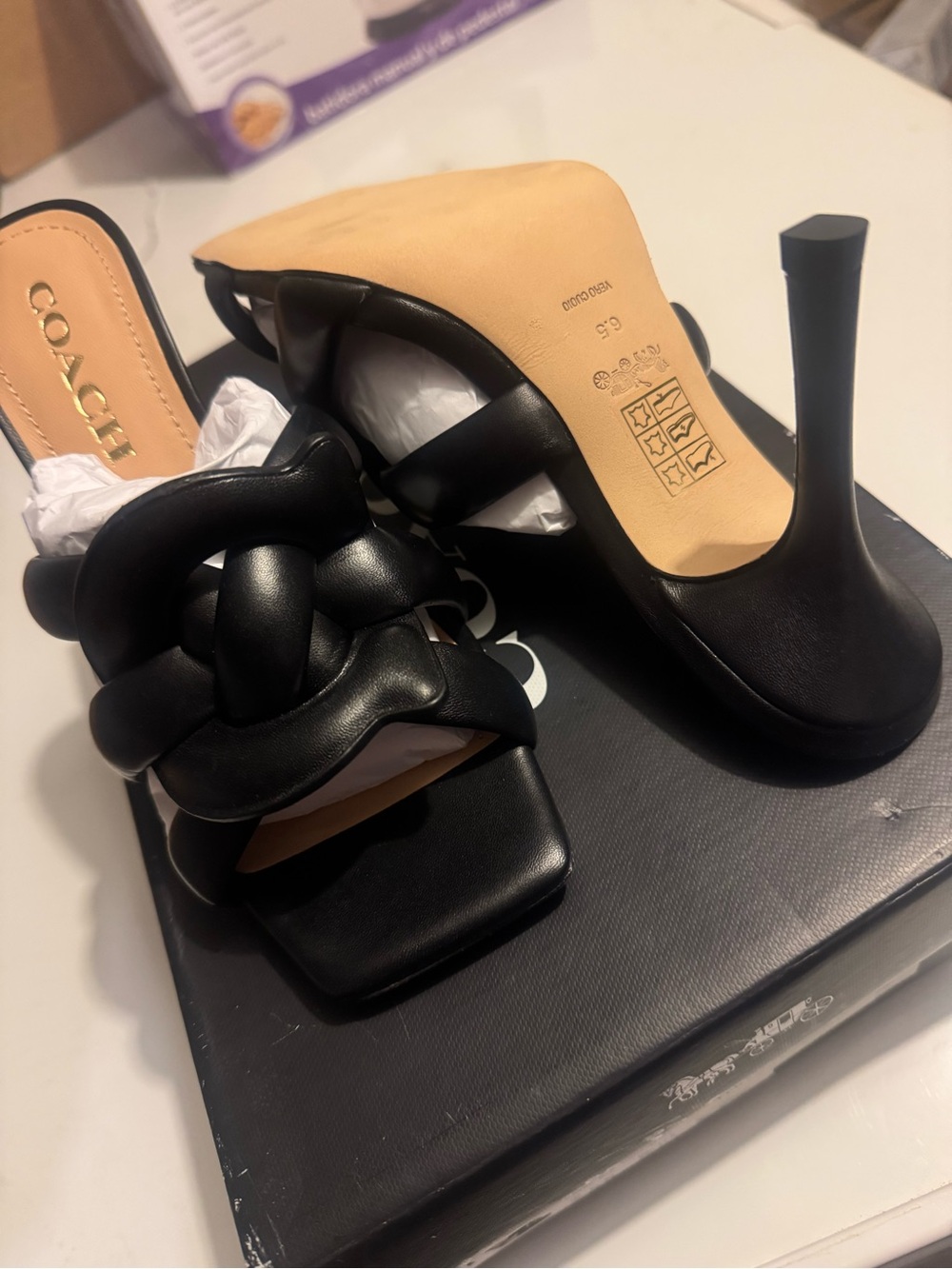 COACH Black Braided Leather Slide Mules - Picture 3 of 4